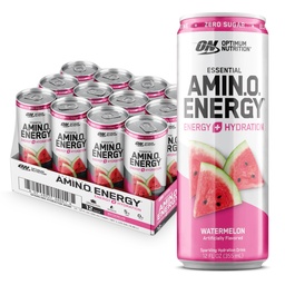 Optimum Nutrition Amino Energy Sparkling Hydration Drink, Eletrolitos, Cafeína, Aminoácidos, BCAAs, Açúcar Livre, Melancia, 12 Fl Oz, 12 Pack (Packaging May Vary)