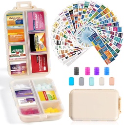 14 Grids caixa de organizador de pílulas de viagem com 415-Pcs medicina Nome Etiquetas - Pocket Daily Pharmacy Case Kit de recipiente - Dispensador titular de medicamentos de viagem para armazenamento suplemento de vitamina de óleo de peixe - Khaki