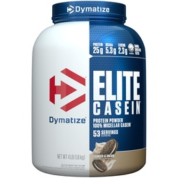Dymatize Elite Caseína Proteína Pó, Cookies & Creme, 100% Micellar Caseína, 25g Proteína, 5,4g BCAAs, 2,3g Leucina, Lentamente Absorvente para Recuperação Músculo Overnight, 4 lb (53 Servimentos)