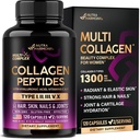 Multi Colágeno Peptídeos - Hidrolisados Tipos I, II, III, V & X - Colágeno Suplemento para Mulheres 1300mg - w/ Ácido Hialurônico, Vitaminas C & E - Pele, Cabelo, unhas e Apoio Conjunto - Made in USA, 120 Cápsulas