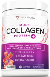 Multi colagénio Peptídeos Pó para Mulheres - Pó de colagénio aromatizado hidrolisado para Mulheres com Tipos I II III V & X Vitamina C & Ácido Hialurónico para Pele e unhas do cabelo (Strawberry) - 30 Servings