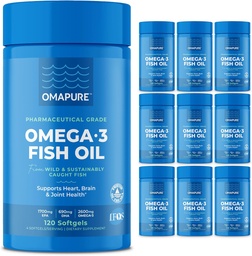 OMAPURE Wild Caught Omega-3 Suplementos com alta EPA & DHA (10 garrafas, 120 Softgels) - Fórmula sem arroto suporta coração e saúde conjunta, promove função cerebral