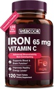 Suplemento de ferro para homens mulheres, ferro de alta potência 65mg com vitamina C 250mg, pílulas de ferro amigável estômago para células de sangue vermelho e apoio imunológico, Não-GMO e glúten livre, 120 comprimidos Vegan