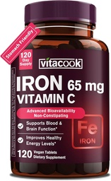 Suplemento de ferro para homens mulheres, ferro de alta potência 65mg com vitamina C 250mg, pílulas de ferro amigável estômago para células de sangue vermelho e apoio imunológico, Não-GMO e glúten livre, 120 comprimidos Vegan