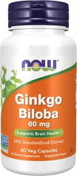 Now Foods Supplements, Ginkgo Biloba 60 mg, 24% Extrato padronizado, Projeto não-GMO Verificado, 60 Veg Cápsulas