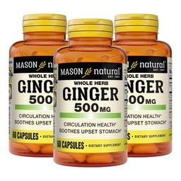 MASON NATURAL Herb inteiro Ginger 500 mg, 6 meses de fornecimento, Suplemento de ervas naturais, 60 cápsulas (3 embalagem)