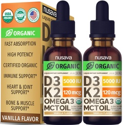 (2 Pack) Vitamina orgânica D3 K2 Gotas com MCT Oil Omega 3, 5000 UI - Vitamina D Líquida, Sem Enchimentos, Não-GMO líquido D3 para Absorção Mais Rápida e Suporte Imune (Vanilla, 1 Fl OZ x 2)