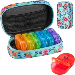 Serfeymi Weekly Travel Pill Organizer 2 vezes um dia AM PM Atualizado Rainbow Pill Box 7 dia com Zipper Portable Canvas Pill Case, Medicina Organizador para pílulas, vitaminas, óleo de peixe - Verde 01