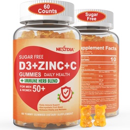 Açúcar sem vitamina C + D3 + gomas de zinco para adultos 50 +, 9 em 1 Suplemento de defesa imune com D3 5000UI, Elderberry, Echinacea, Folha de Mullein para aumentar a imunidade, Antioxidante de energia, Vegan (Pacote de 1)