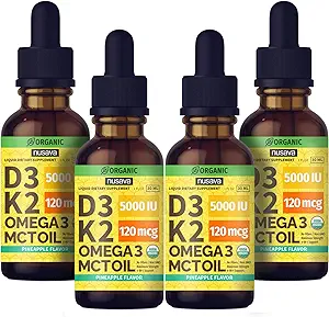(4 Pack) Vitamina orgânica D3 K2 gotas com MCT Oil Omega 3, Vitamina D líquido de força máxima 5000 UI, sem enchimento, não-GMO líquido D3 para absorção mais rápida e suporte imunológico (Pineapple, 4 Fl Oz)