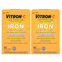 Suplemento de ferro Vitron-C, uma vez por dia, ferro de alta potência mais vitamina C, apoiar a produção de células sanguíneas vermelhas, comprimidos livres de tinta, 60 contagem, 2 pacote