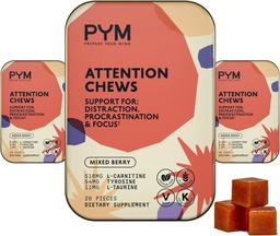 PYM Atenção Mastiga Suporte para Procrastinação, Foco e Produtividade, 60 Contagem, 518mg L-Carnitina, 54mg Tyrosine, 11mg L-Taurine - Cafeína-Free , All-Natural Mood Boost Supplement Made in USA