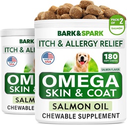BARK & SPARK Omega 3 para cães - 360 Fish Oil Treats para Dog Shedding, Alergia da pele, Itch Relief, Hot Spots Tratamento - Saúde comum - Pele e casaco Suplemento - EPA & DHA ácidos gordos - óleo de salmão