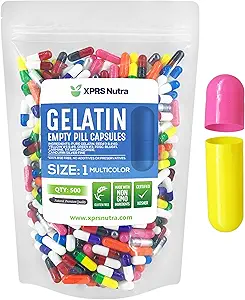 XPRS Nutra Tamanho 1 Cápsulas Vazias - 500 Count Cápsulas Esvaziadas de Gelatina - Pill DIY Cápsula Preenchimento - Pure Bovine Pill Gel Caps para Do-It-Yourself Suplementos (Multi Color)
