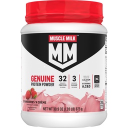 Leite Muscle Genuine Protein Powder, Morangos ‘N Crème, 1,93 Libras, 13 Servings, 32g Protein, 3g Açúcar, Cálcio, Vitaminas A, C & D, NSF Certified for Sport, Energizing Snack, Packaging May Vary