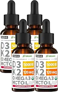 (4 Pack) Vitamina orgânica D3 K2 gotas com óleo MCT Omega 3, 5000 UI - Vitamina D líquido de força máxima, sem enchimentos, não-GMO líquido D3 para absorção mais rápida e suporte imunológico (Strawberry, 4 Fl Oz)