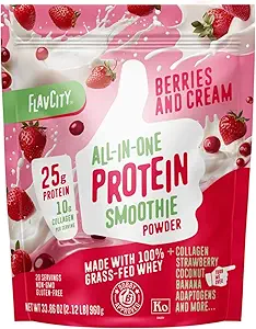 FlavCity Grass Fed Whey Protein Powder - Berries & Cream - 25g Protein & 10g Colágeno - Feito com morangos orgânicos e leite de coco - Gluten Free & No Added Sugars (20 Servings)