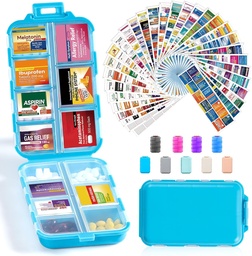 14 Grids caixa organizador de pílulas de viagem com 415-Pcs medicina Nome Etiquetas - Pocket Daily Pharmacy Case Kit Container - Dispensador Titular de medicamentos de viagem para armazenamento suplemento de vitamina de óleo de peixe - Azul