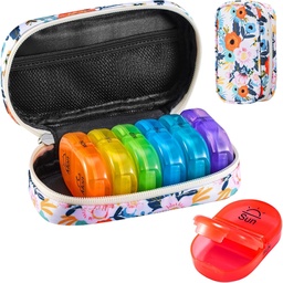 Serfeymi Weekly Travel Pill Organizer 2 vezes um dia AM PM Atualizado Rainbow Pill Box 7 dia com Zipper Portable Canvas Pill Case, Medicina Organizador para pílulas, vitaminas, óleo de peixe - Bloom 01