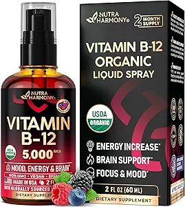 USDA Vitamina orgânica B12 Spray sublingual - 5000 mcg líquido Vegan Metilcobalamina para Mulheres e Homens - Energia Boost, Foco & Mood, Apoio à Saúde do Cérebro - Maximizar Absorção - 2 Mês de Fornecimento, 2 fl oz