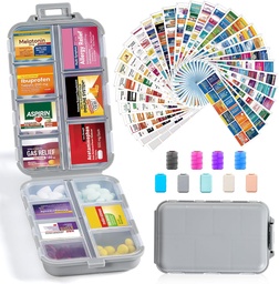14 Grids caixa organizador de pílulas de viagem com 415-Pcs medicina Nome Etiquetas - Pocket Daily Pharmacy Case Container - Kit de dispensador de suporte de medicamentos de viagem para armazenamento suplemento de vitamina óleo de peixe - cinza