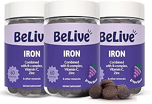 BeLive Pastilhas de ferro - Suplemento de ferro multivitamínico com vitamina C, A, B & Zinco, Suporta oxigênio de sangue, Vegan Suplementos para mulheres, homens e crianças para o crescimento e desenvolvimento - Sabor de uva