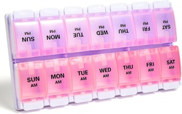 Sukuos AM PM Organizador semanal de pílulas 7 dias, 2 vezes um dia de remédio caixa de pílulas com botão de pressão fácil, BPA casos de vitamina grátis para óleo de peixe / suplementos, fácil de limpar (Purple & Pink)