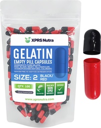 XPRS Nutra Tamanho 2 Cápsulas Vazias - 100 Cápsulas de Gelatina Vazia Contagem - Comprimidos DIY Cápsula Preenchimento - Pure Bovine Pill Gel Caps para Do-It-Yourself Suplementos (Preto / Vermelho)