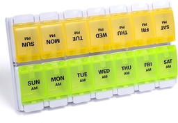 Sukuos AM PM Organizador semanal de comprimidos 7 dias, 2 vezes um dia de remédio caixa de pílulas com botão de pressão fácil, BPA livre casos de vitamina para óleo de peixe / suplementos, fácil de limpar (amarelo & verde)