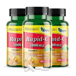 América Medic & Science Rapid-C 1000mg Suplemento de vitamina C (3 pacote de 100 comprimidos) Fortalecedor de energia, Suporte diário do sistema imunológico, Antioxidante Vegan, Ácido ascórbico revestido não-GMO para homens adultos e mulheres