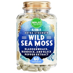 MAJU 4-em-1 Cápsulas de Musgo Orgânico do Mar, Chondrus Selvagem Crispus, Seamoss w/Bladderwrack + Burdock Root, mais forte do que Gel, Irlandês, Sebi Inspirado em pó cru em comprimidos, 500 mg Cápsula (60 ct)