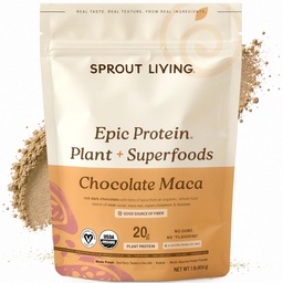 Sprout Vivendo proteína épica, Proteína baseada em plantas & Superalimentos em pó, Chocolate Maca Pó, 20 gramas de proteína orgânica em pó, Vegan, Não lácteos, Não-GMO, Sem glúten, Açúcar baixo (1 libra, 12 Servings)
