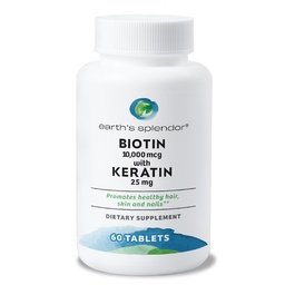 Esplendor da Terra Biotin 10.000 mcg + queratina 25mg, Promove cabelo saudável, unhas fortes e suporte da pele, 60- fornecimento dia