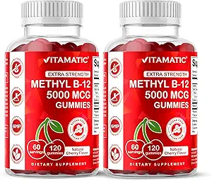 Vitamatic 2 Embalagens de força extra Vitamina B12 5000 mcg (Metil B12) Gummies - 120 Contagem - Apoio ao Metabolismo Energético e Apoio à Saúde do Sistema Nervoso, Natural Cherry Flavored