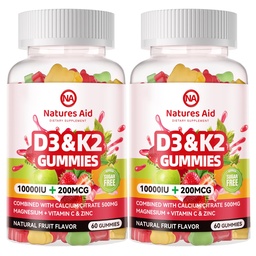 Naturezas Ajuda Vitamina sem açúcar D3 K2 Gummies com cálcio + K2 (MK-7), Citrato de magnésio, Vitamina C, Força extra - Absorção final para dentes musculares ósseos Imune, Vegan - 120 Gummies