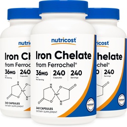Ferro Quelatado de Nutricost, Como Ferrochel, 36mg, 240 Cápsulas (3 frascos)