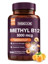 Vitamina B12 Sublingual, Metilcobalamina 5000mcg para a produção de energia, Energia, Nervo e suporte celular, Sabor de pêssego natural, Vegan, Açúcar Zero, 240 comprimidos de dissolução rápida