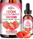 Suplemento de ferro líquido para mulheres, homens e crianças, gotas de ferro líquido com folato, vitamina C, B6, B12 para anemia, hemácia, suporte energético, morango sabor, 2 Fl Oz