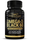 FREZZOR Omega 3 Preto para Cuidados Conjuntos e Conforto - Nova Zelândia Verde Lipped cápsulas de óleo de mexilhão; 53x maior potência com UAF1000+ Super Antioxidante, Sem gosto de peixe, 1-Pack, 60 Softgels