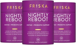 FRISKA Reboot Nightly Enzima e Probióticos Suplemento, Promove melhor digestão e sono, Suporta Gut Saúde para homens e mulheres, Melatonina, Camomila, 90 Cápsulas