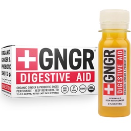 + GNGR Ajuda Digestiva Imagens de gengibre orgânicas com Probióticos, Gut Saúde, Limpeza de Colón, Bloating Alívio, Detox Gut, Imagens de Imunidade com Suco de Ginger, Açafrão, Pimenta Negra. (2 Oz, Pack of 12)