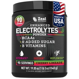 Zeal Naturals Electrolyte Powder Recovery Drink (90 Servings □ Limeade Cereja) w 0 Açúcar + BCAAs + B-Vitaminas Eletrolyte Supplement w Potássio Zinco & Magnésio para Hidratação - Keto Electrolytes