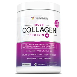 Multi colagénio Peptídeos Pó para Mulheres - Pó de colagénio não aromatizado hidrolisado para mulheres com tipos I II III V & X mais Vitamina C & Ácido hialurónico para bela pele de cabelo e unhas - 30 Servings