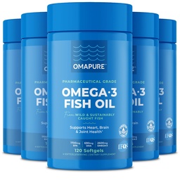 Suplementos de óleo de peixe com ácidos gordos Omega 3 (5 garrafa, 120 Softgels) - alta EPA, DHA, & IFOS Pills óleo de peixe apoiar coração e saúde conjunta - óleo de peixe arroto promove a função cerebral