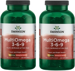 Swanson MultiOmega 3-6-9 - Não-GMO Flax, Borage & Fish Oil Cápsulas - Ácidos Gordura Essenciais Suportando Saúde Cardiovascular & Saúde do Cérebro - (220 Softgels, 2400mg Servindo) 2 Garrafas