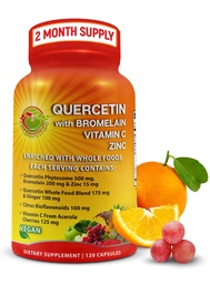 Quercetina com Bromelaína Vitamina C e Zinco Enriquecido com Alimentos Orgânicos inteiros - 1215mg por Serviço - Quercetina Phytosome 500mg Cápsulas com Ginger e Flavonoides para Suporte Imune - 120 Contagem