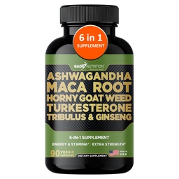 Gade Nutrition Ashwagandha com Maca Root, Erva Horny Goat, Suplemento Turkesterone, Tribulus Terrestris, Panax Ginseng 90 cápsulas vegetais para energia, resistência, desempenho.