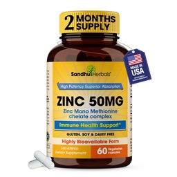 Sandhu Herbals Zinc 50mg Suplemento para Homens e Mulheres Complexo de Monometionina de Zinco de Alta Absorção 60 Cápsulas Suplementos para Imune, Acne e Antioxidante Suporte Vegetariano