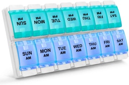 Sukuos AM PM Organizador de comprimidos de 7 dias por semana, 2 vezes uma caixa de pílulas dia com botão de pressão amigável Arthritis, casos de medicina para vitamina / óleo de peixe / suplementos, fácil de limpar (Cyan & Blue)
