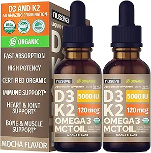 (2 Pack) Vitamina orgânica D3 K2 gotas com óleo MCT Omega 3, 5000 UI, vitamina D líquido de força máxima, sem enchimentos, não-GMO líquido D3 para absorção mais rápida e suporte imunológico (Mocha, 2 Fl Oz)